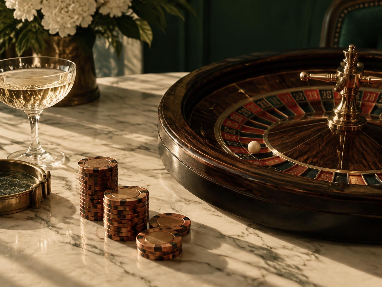 Ruota della roulette e fiche in rame su un piano di marmo chiaro